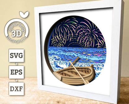3D SVG Fireworks Shadow Box, Fireworks 3D Svg, 4th of July 3d Svg, Sea 3D svg, Summer 3d Svg, Waves 3d svg, Night 3d SVG Cricut Silhouette
