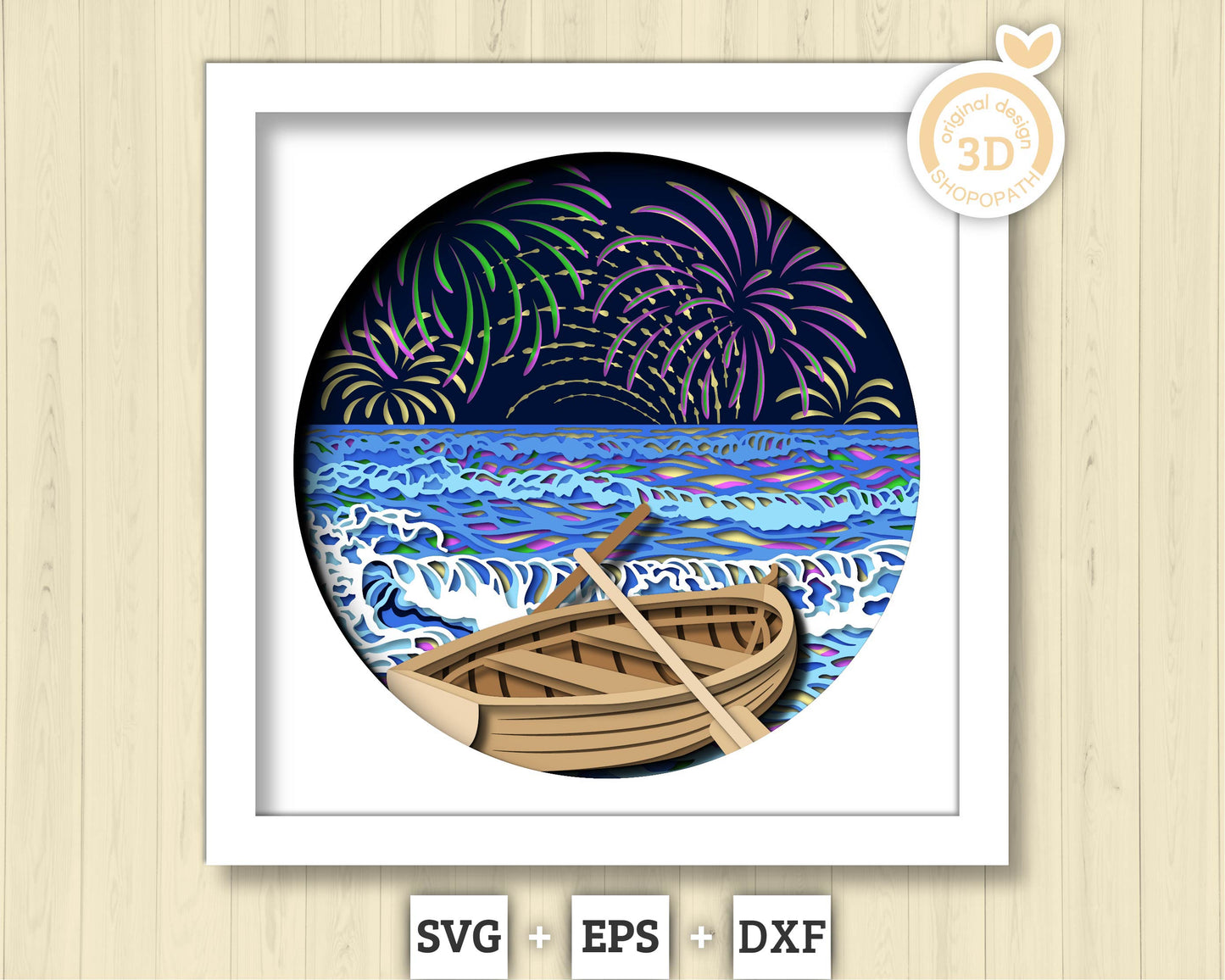 3D SVG Fireworks Shadow Box, Fireworks 3D Svg, 4th of July 3d Svg, Sea 3D svg, Summer 3d Svg, Waves 3d svg, Night 3d SVG Cricut Silhouette