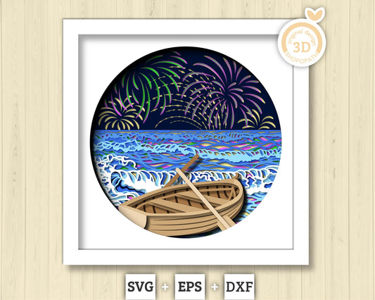 3D SVG Fireworks Shadow Box, Fireworks 3D Svg, 4th of July 3d Svg, Sea 3D svg, Summer 3d Svg, Waves 3d svg, Night 3d SVG Cricut Silhouette
