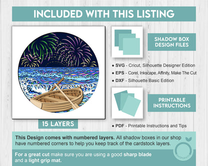 3D SVG Fireworks Shadow Box, Fireworks 3D Svg, 4th of July 3d Svg, Sea 3D svg, Summer 3d Svg, Waves 3d svg, Night 3d SVG Cricut Silhouette