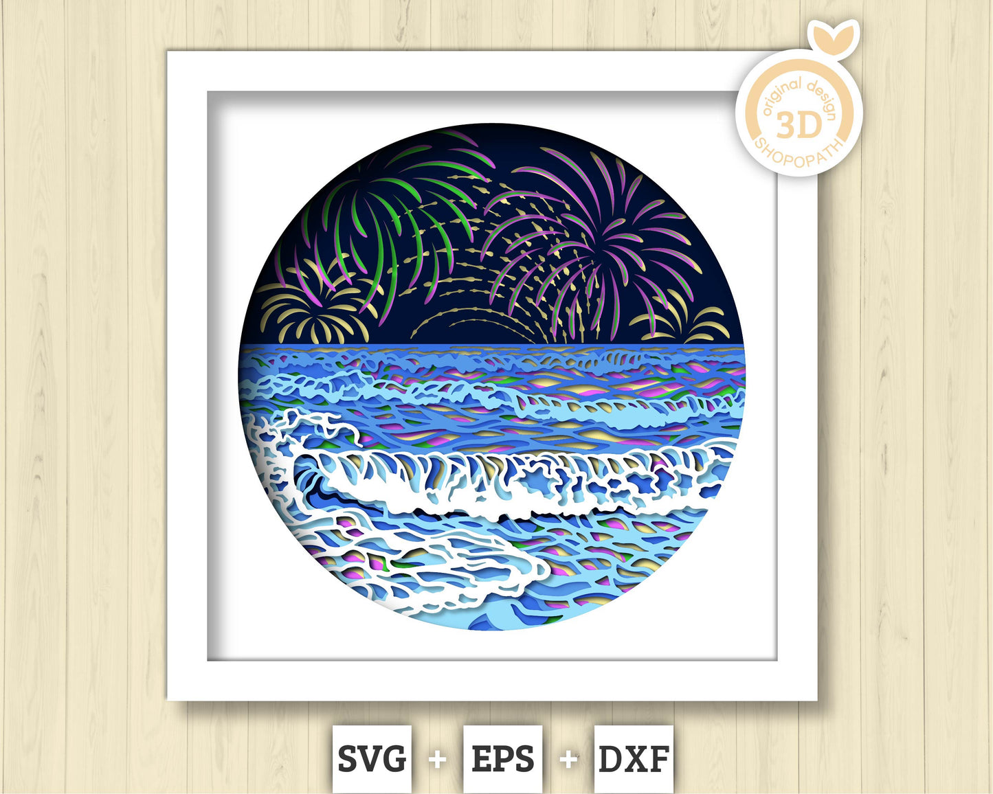 3D SVG Fireworks Shadow Box, Fireworks 3D Svg, 4th of July 3d Svg, Sea 3D svg, Summer 3d Svg, Waves 3d svg, Night 3d SVG Cricut Silhouette