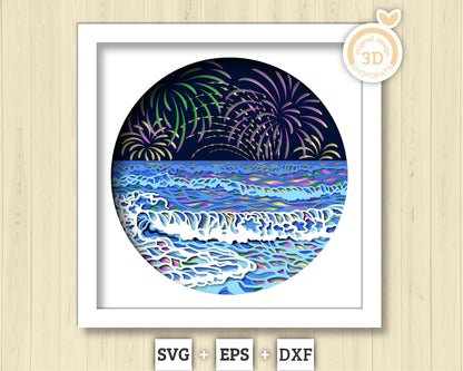 3D SVG Fireworks Shadow Box, Fireworks 3D Svg, 4th of July 3d Svg, Sea 3D svg, Summer 3d Svg, Waves 3d svg, Night 3d SVG Cricut Silhouette