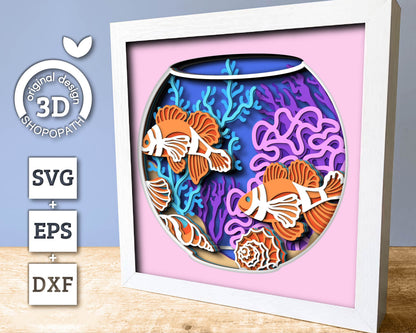 3D Fish Aquarium Shadow Box SVG, Sea Shadow Box, Clown Fish, Starfish, Seahorse 3D Svg, Sea Creatures 3d Svg, Nautical svg Cricut Silhouette