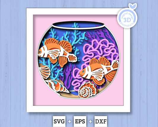 3D Fish Aquarium Shadow Box SVG, Sea Shadow Box, Clown Fish, Starfish, Seahorse 3D Svg, Sea Creatures 3d Svg, Nautical svg Cricut Silhouette