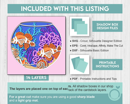 3D Fish Aquarium Shadow Box SVG, Sea Shadow Box, Clown Fish, Starfish, Seahorse 3D Svg, Sea Creatures 3d Svg, Nautical svg Cricut Silhouette