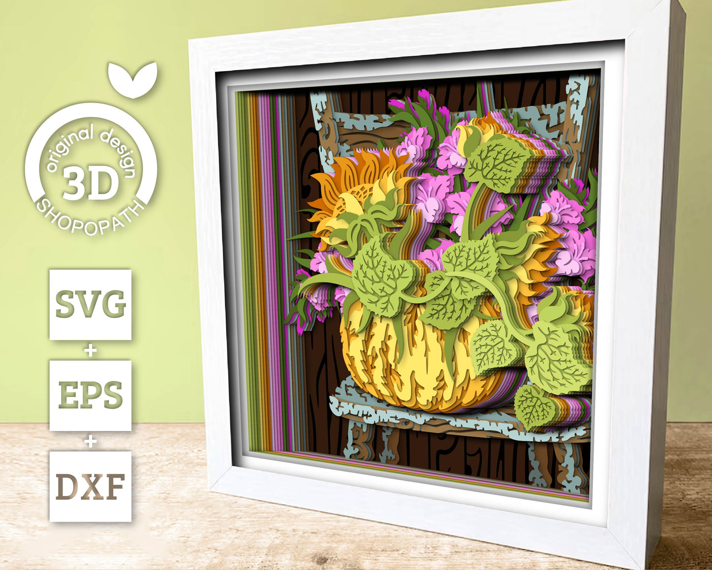 Pumpkin On Chair Shadow Box 3D SVG With Gladiolus and Sunflowers for Summer and Fall, Cricut Silhouette With DXF EPS Layered Cutting Files