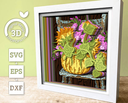 Pumpkin On Chair Shadow Box 3D SVG With Gladiolus and Sunflowers for Summer and Fall, Cricut Silhouette With DXF EPS Layered Cutting Files