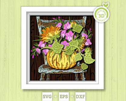Pumpkin On Chair Shadow Box 3D SVG With Gladiolus and Sunflowers for Summer and Fall, Cricut Silhouette With DXF EPS Layered Cutting Files