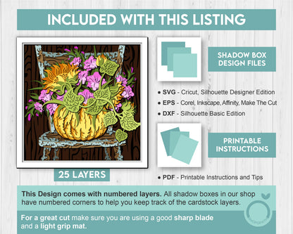 Pumpkin On Chair Shadow Box 3D SVG With Gladiolus and Sunflowers for Summer and Fall, Cricut Silhouette With DXF EPS Layered Cutting Files