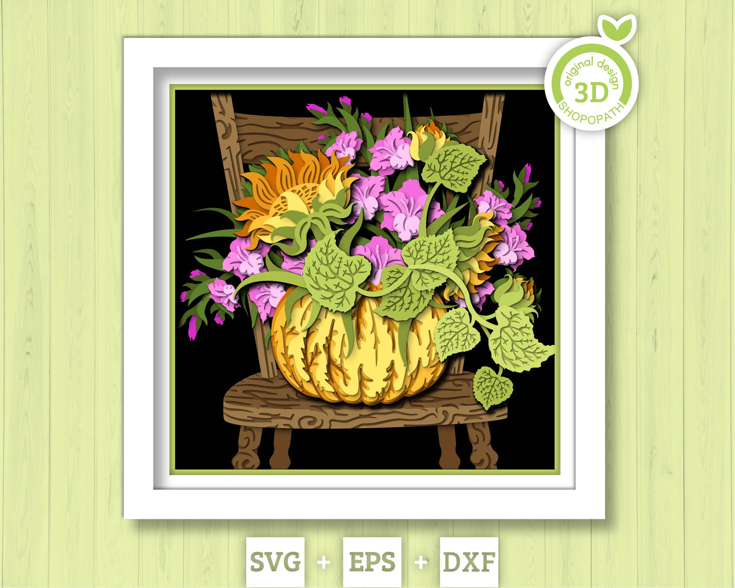 Pumpkin On Chair Shadow Box 3D SVG With Gladiolus and Sunflowers for Summer and Fall, Cricut Silhouette With DXF EPS Layered Cutting Files