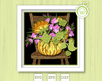 Pumpkin On Chair Shadow Box 3D SVG With Gladiolus and Sunflowers for Summer and Fall, Cricut Silhouette With DXF EPS Layered Cutting Files