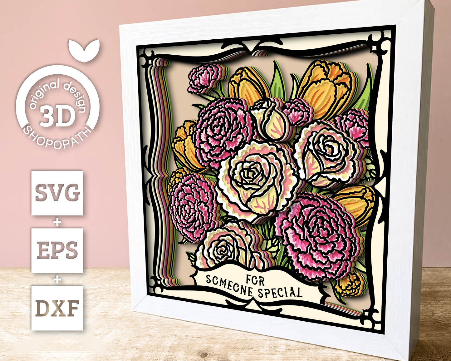 Roses, Tulips and Carnations Flower Bouquet - 3D Shadow Box Layered SVG DXF EPS (Cutting Files)