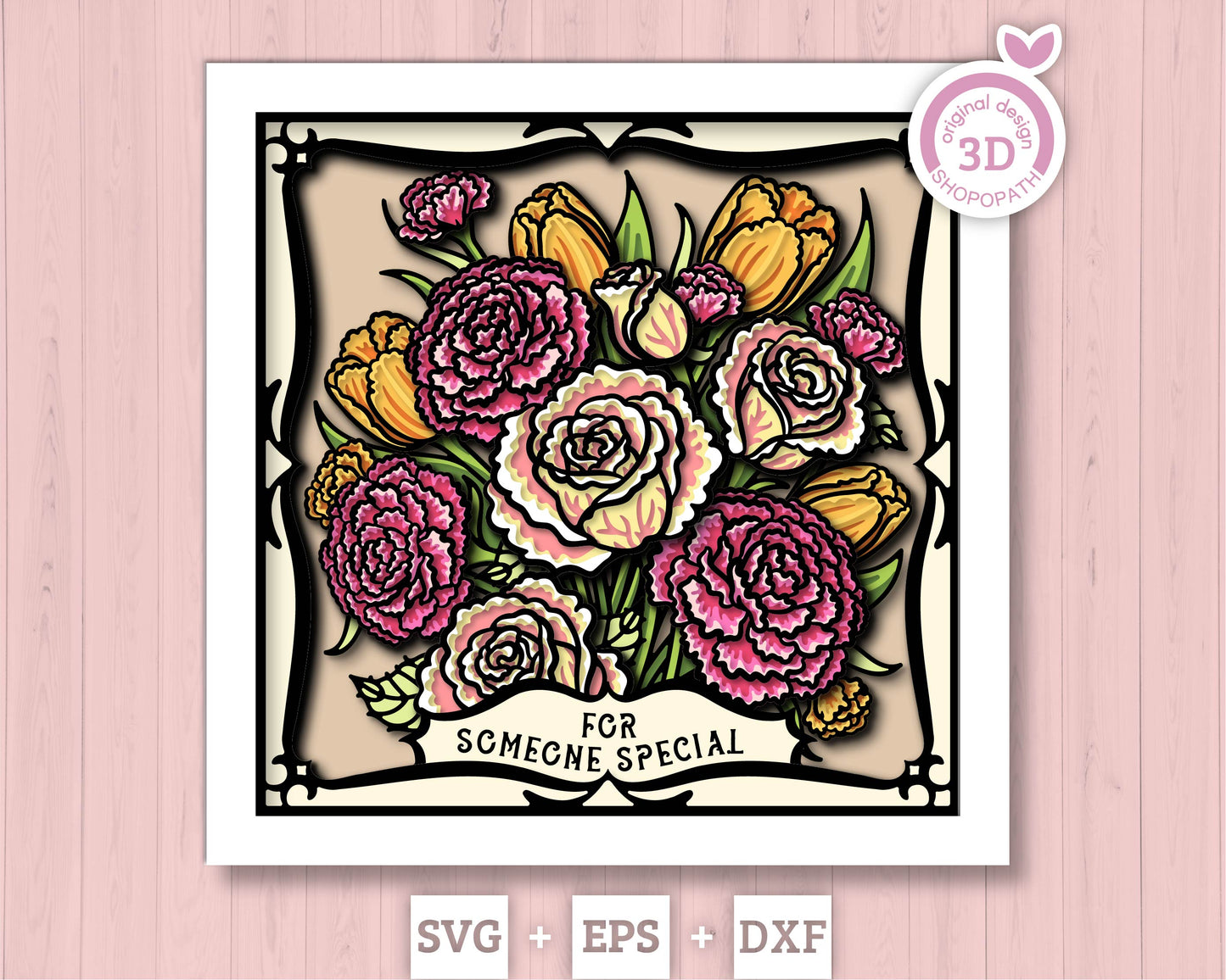 Roses, Tulips and Carnations Flower Bouquet - 3D Shadow Box Layered SVG DXF EPS (Cutting Files)