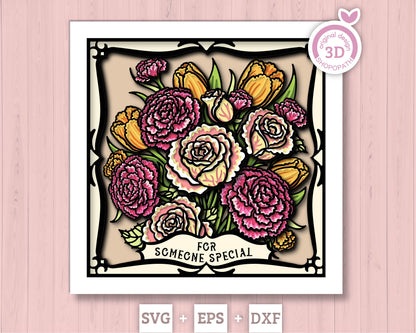Roses, Tulips and Carnations Flower Bouquet - 3D Shadow Box Layered SVG DXF EPS (Cutting Files)