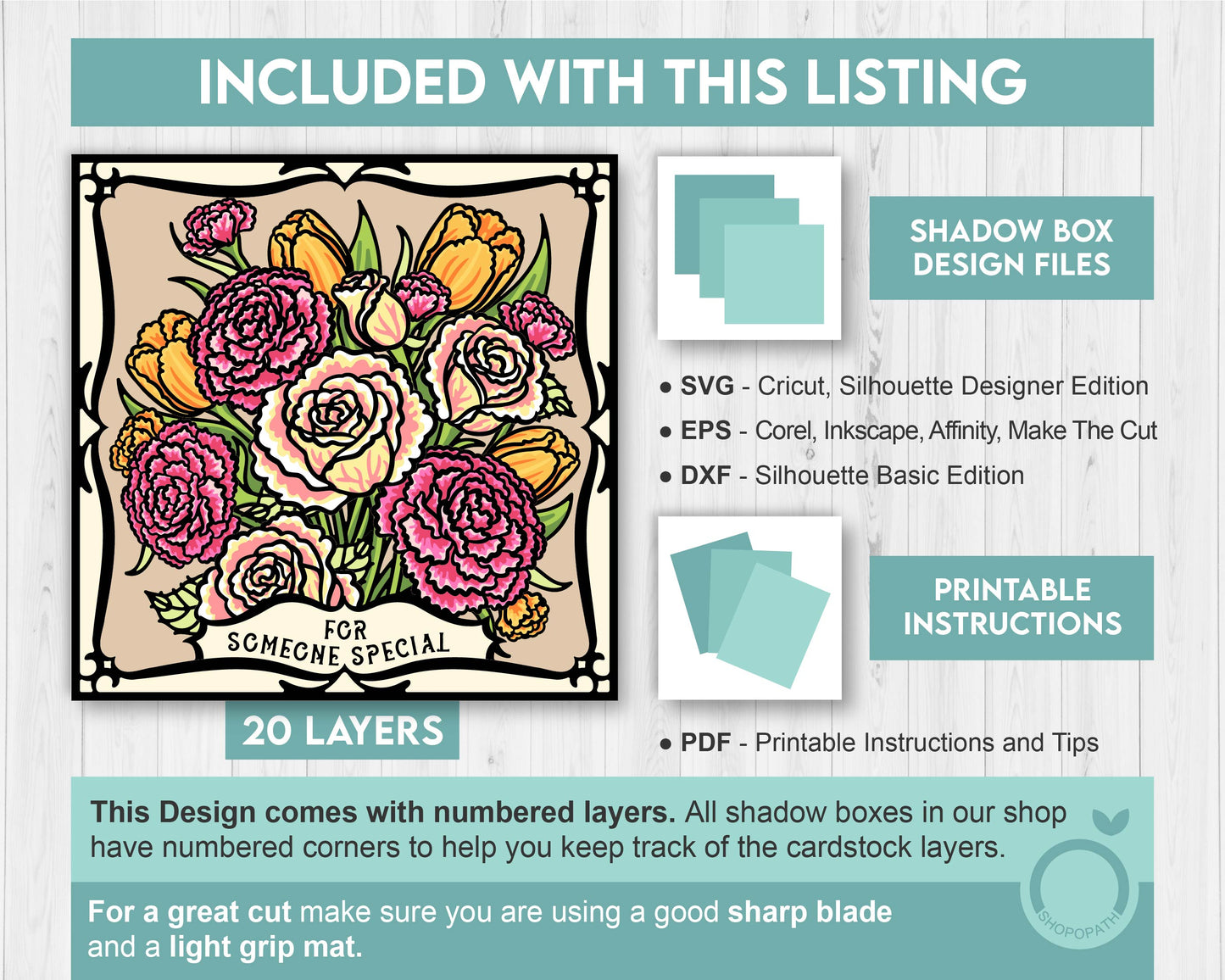 Roses, Tulips and Carnations Flower Bouquet - 3D Shadow Box Layered SVG DXF EPS (Cutting Files)