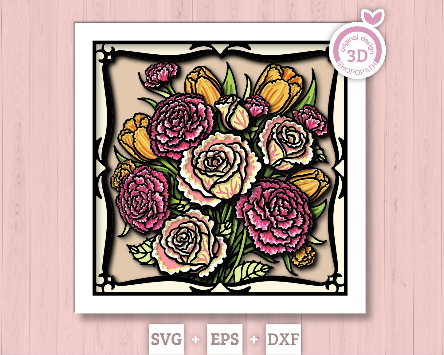 Roses, Tulips and Carnations Flower Bouquet - 3D Shadow Box Layered SVG DXF EPS (Cutting Files)