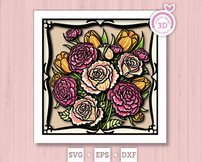 Roses, Tulips and Carnations Flower Bouquet - 3D Shadow Box Layered SVG DXF EPS (Cutting Files)