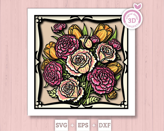 Roses, Tulips and Carnations Flower Bouquet - 3D Shadow Box Layered SVG DXF EPS (Cutting Files)