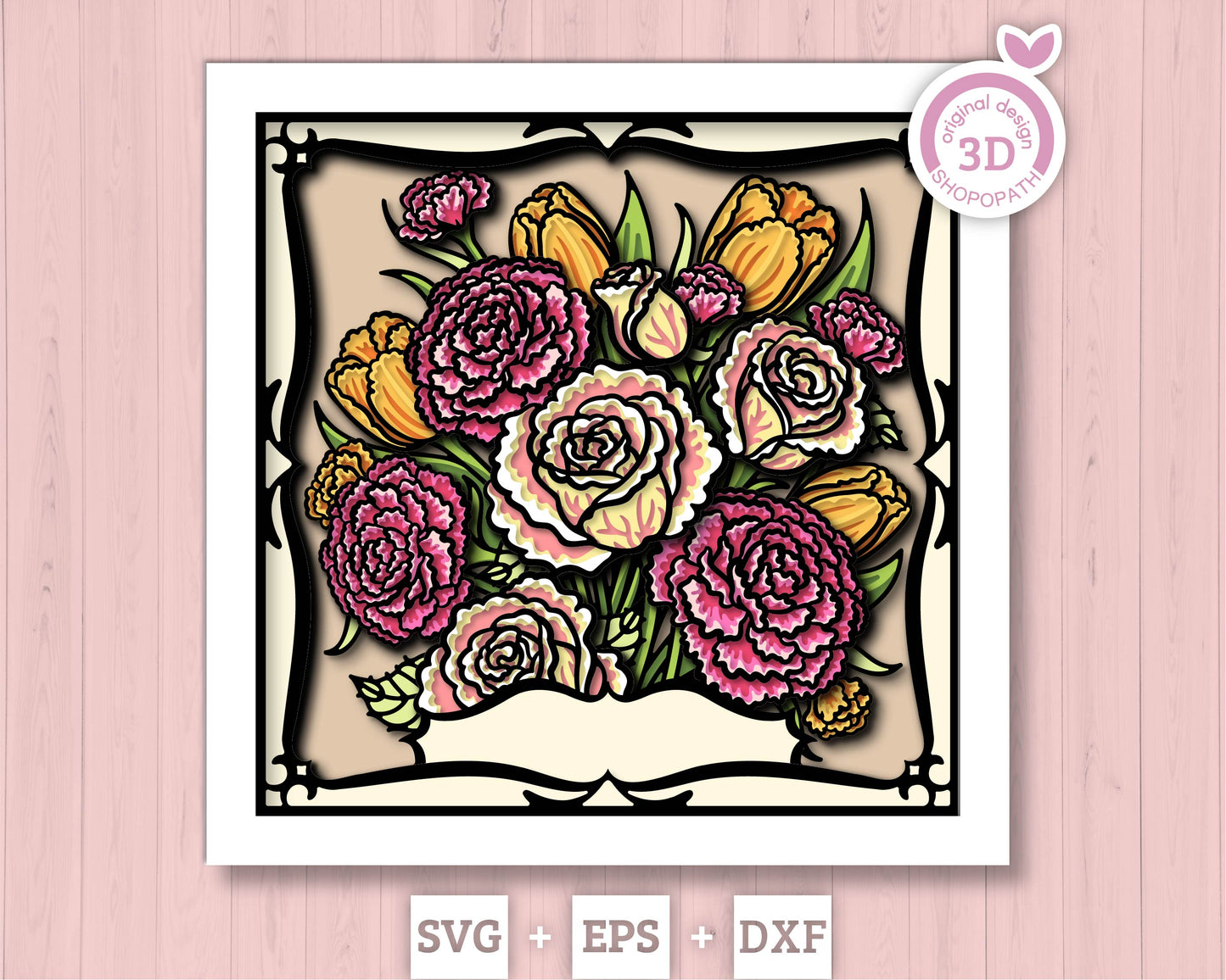 Roses, Tulips and Carnations Flower Bouquet - 3D Shadow Box Layered SVG DXF EPS (Cutting Files)