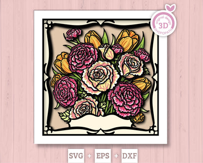 Roses, Tulips and Carnations Flower Bouquet - 3D Shadow Box Layered SVG DXF EPS (Cutting Files)