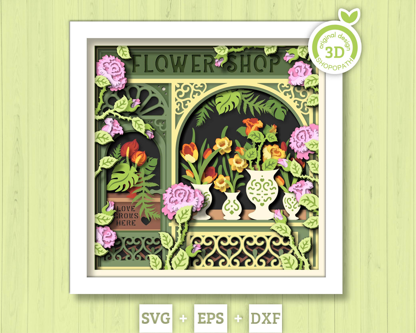 Flower Shop Shadow Box 3D SVG With Layered Tulips Roses and Daffodil Flowers For Cricut and Silhouette DXF EPS