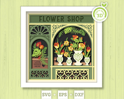Flower Shop Shadow Box 3D SVG With Layered Tulips Roses and Daffodil Flowers For Cricut and Silhouette DXF EPS
