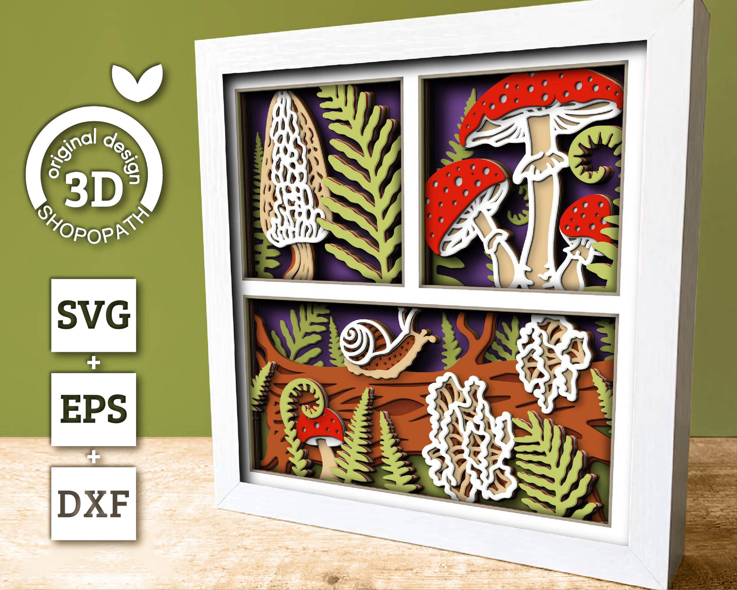 3D SVG Mushrooms Shadow Box, Layered Woods SVG EPS, Fall Shadow Box, Autumn 3D Svg, Fern Leaves Svg, Mushroom svg, Cricut Silhouette