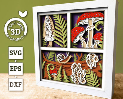 3D SVG Mushrooms Shadow Box, Layered Woods SVG EPS, Fall Shadow Box, Autumn 3D Svg, Fern Leaves Svg, Mushroom svg, Cricut Silhouette