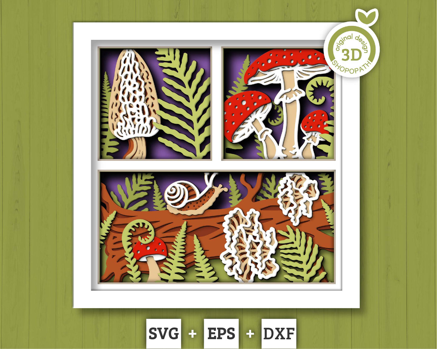 3D SVG Mushrooms Shadow Box, Layered Woods SVG EPS, Fall Shadow Box, Autumn 3D Svg, Fern Leaves Svg, Mushroom svg, Cricut Silhouette