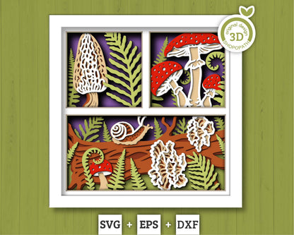 3D SVG Mushrooms Shadow Box, Layered Woods SVG EPS, Fall Shadow Box, Autumn 3D Svg, Fern Leaves Svg, Mushroom svg, Cricut Silhouette