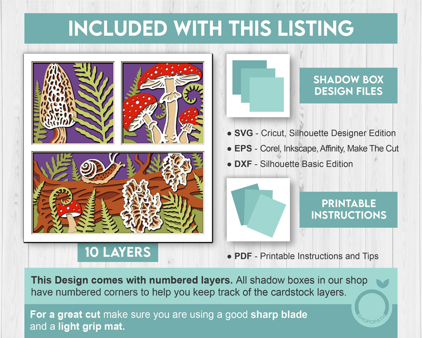 3D SVG Mushrooms Shadow Box, Layered Woods SVG EPS, Fall Shadow Box, Autumn 3D Svg, Fern Leaves Svg, Mushroom svg, Cricut Silhouette