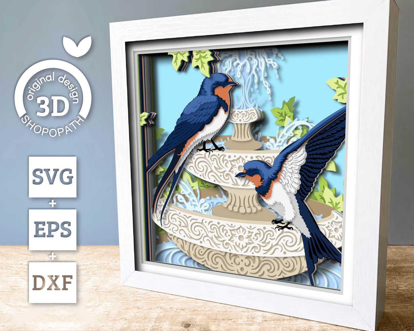 Water Fountain with Swallows - 3D Shadow Box Layered SVG DXF EPS (Cutting Files)