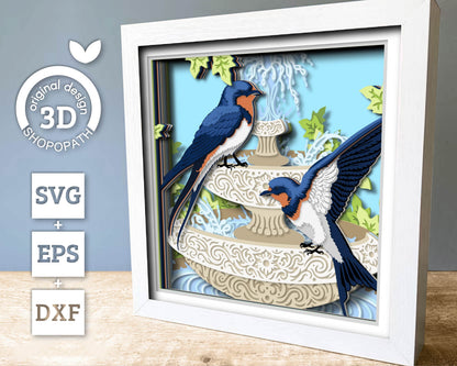 Water Fountain with Swallows - 3D Shadow Box Layered SVG DXF EPS (Cutting Files)