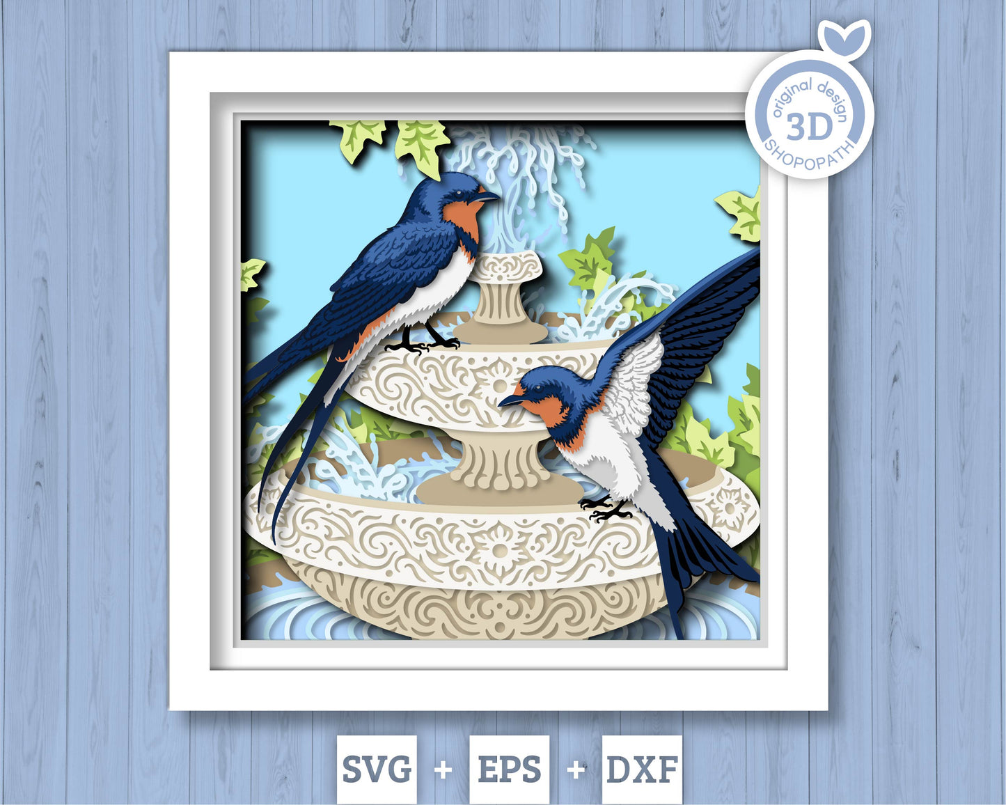 Water Fountain with Swallows - 3D Shadow Box Layered SVG DXF EPS (Cutting Files)