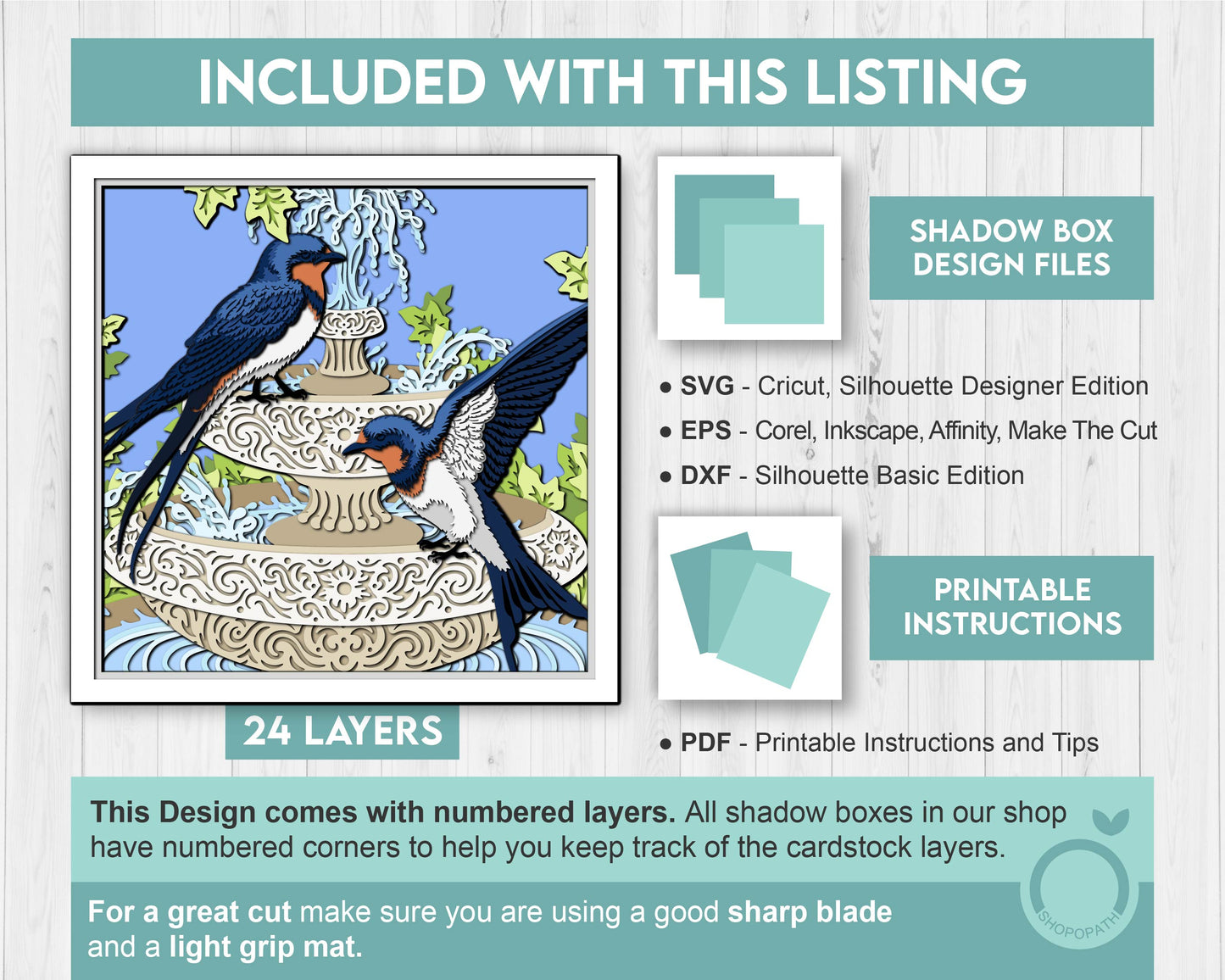Water Fountain with Swallows - 3D Shadow Box Layered SVG DXF EPS (Cutting Files)
