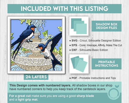 Water Fountain with Swallows - 3D Shadow Box Layered SVG DXF EPS (Cutting Files)