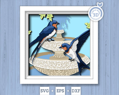 Water Fountain with Swallows - 3D Shadow Box Layered SVG DXF EPS (Cutting Files)