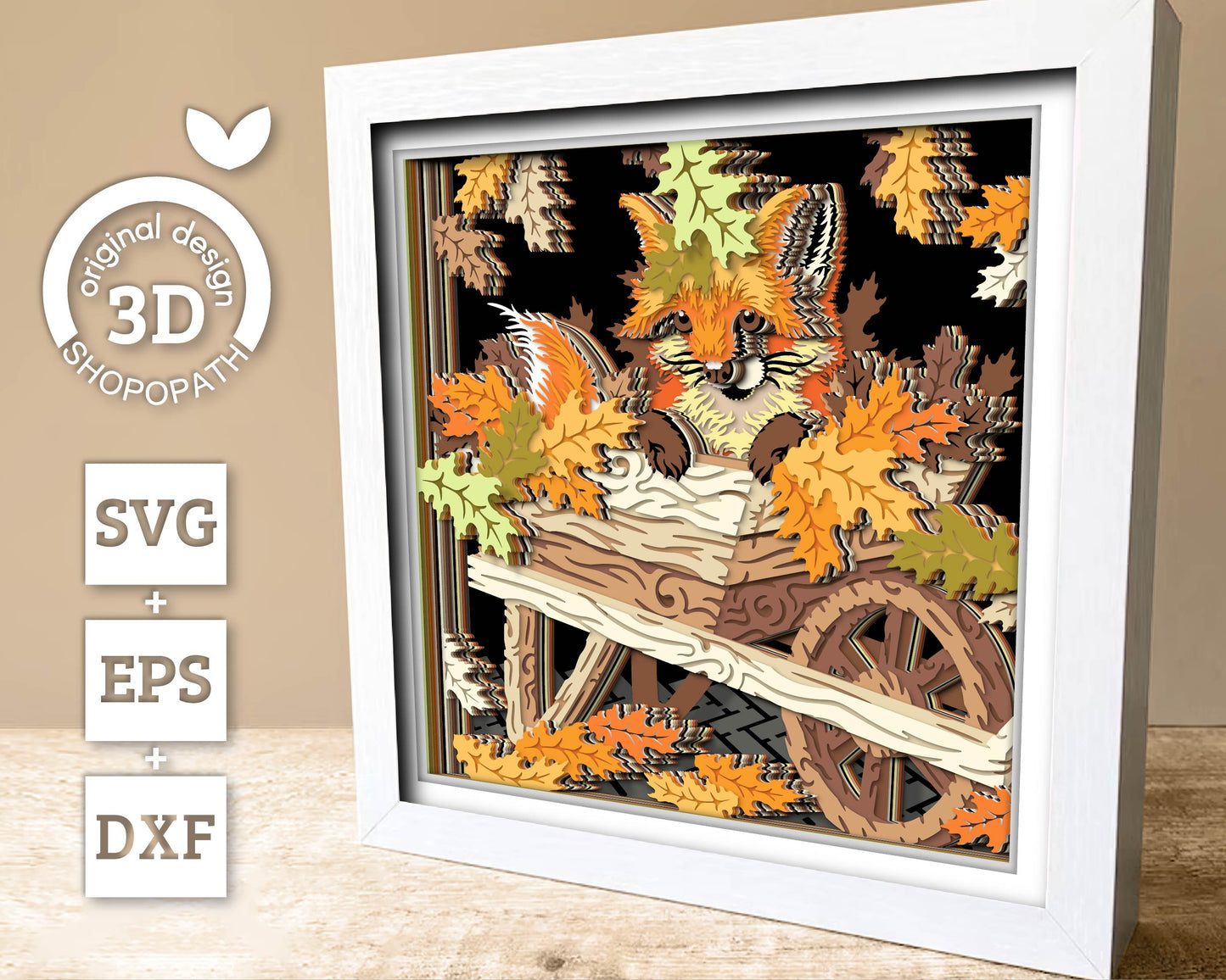 Baby Fox in Cart with Fall Leaves - 3D Shadow Box Layered SVG DXF EPS (Cutting Files)