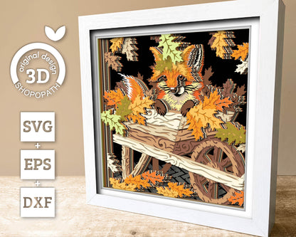 Baby Fox in Cart with Fall Leaves - 3D Shadow Box Layered SVG DXF EPS (Cutting Files)