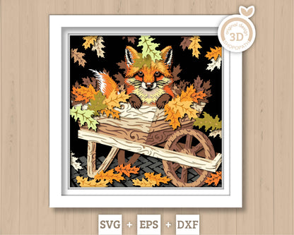 Baby Fox in Cart with Fall Leaves - 3D Shadow Box Layered SVG DXF EPS (Cutting Files)
