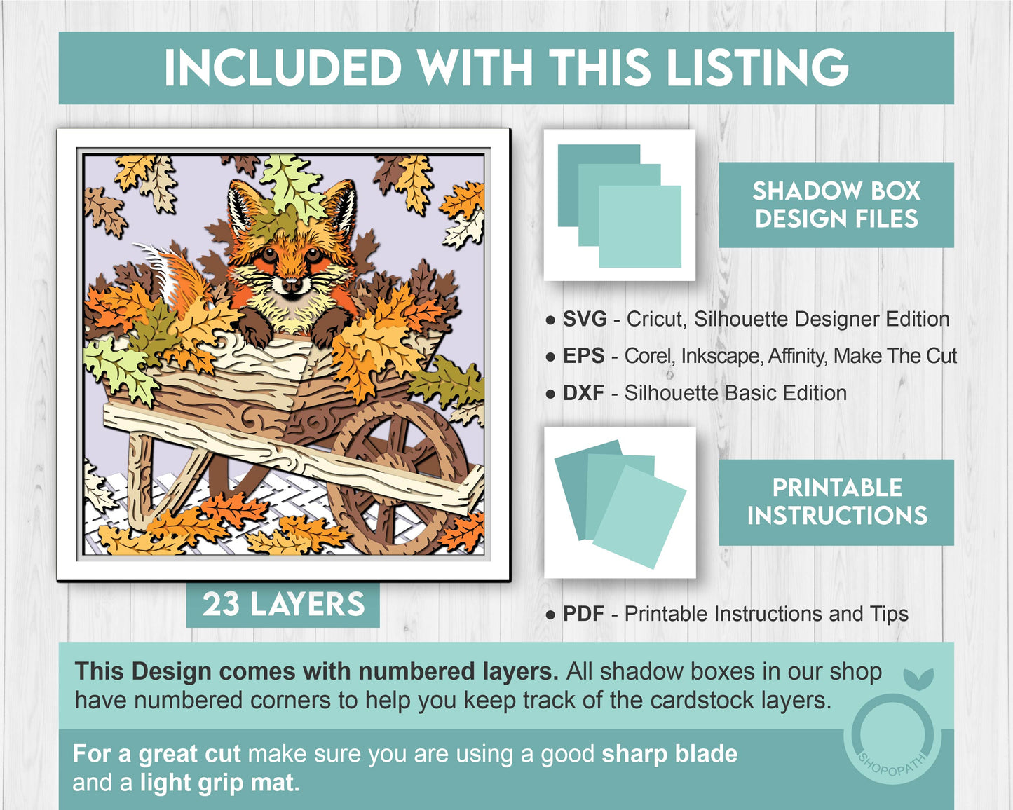 Baby Fox in Cart with Fall Leaves - 3D Shadow Box Layered SVG DXF EPS (Cutting Files)
