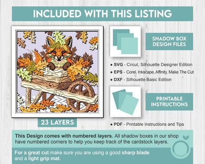 Baby Fox in Cart with Fall Leaves - 3D Shadow Box Layered SVG DXF EPS (Cutting Files)