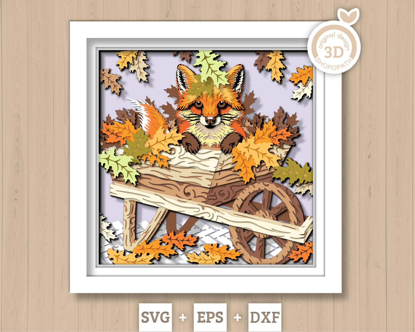 Baby Fox in Cart with Fall Leaves - 3D Shadow Box Layered SVG DXF EPS (Cutting Files)