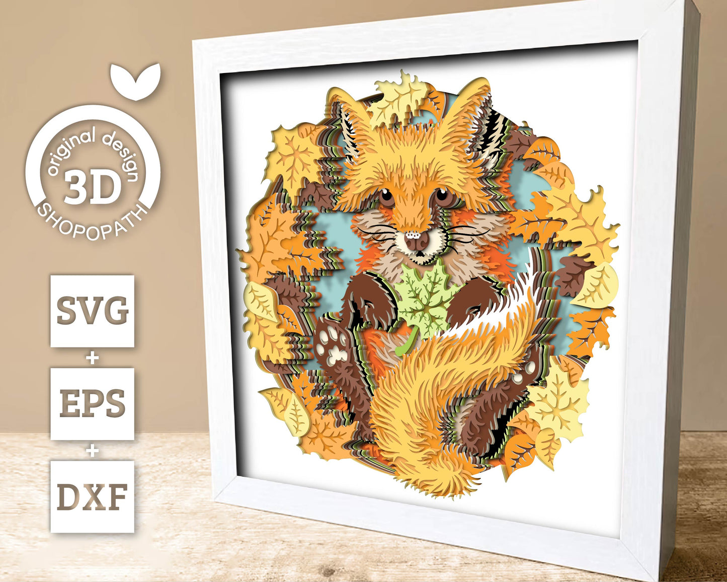Baby Fox with Fall Leaves - 3D Shadow Box Layered SVG DXF EPS (Cutting Files)