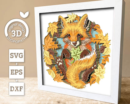 Baby Fox with Fall Leaves - 3D Shadow Box Layered SVG DXF EPS (Cutting Files)