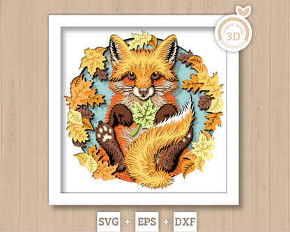 Baby Fox with Fall Leaves - 3D Shadow Box Layered SVG DXF EPS (Cutting Files)