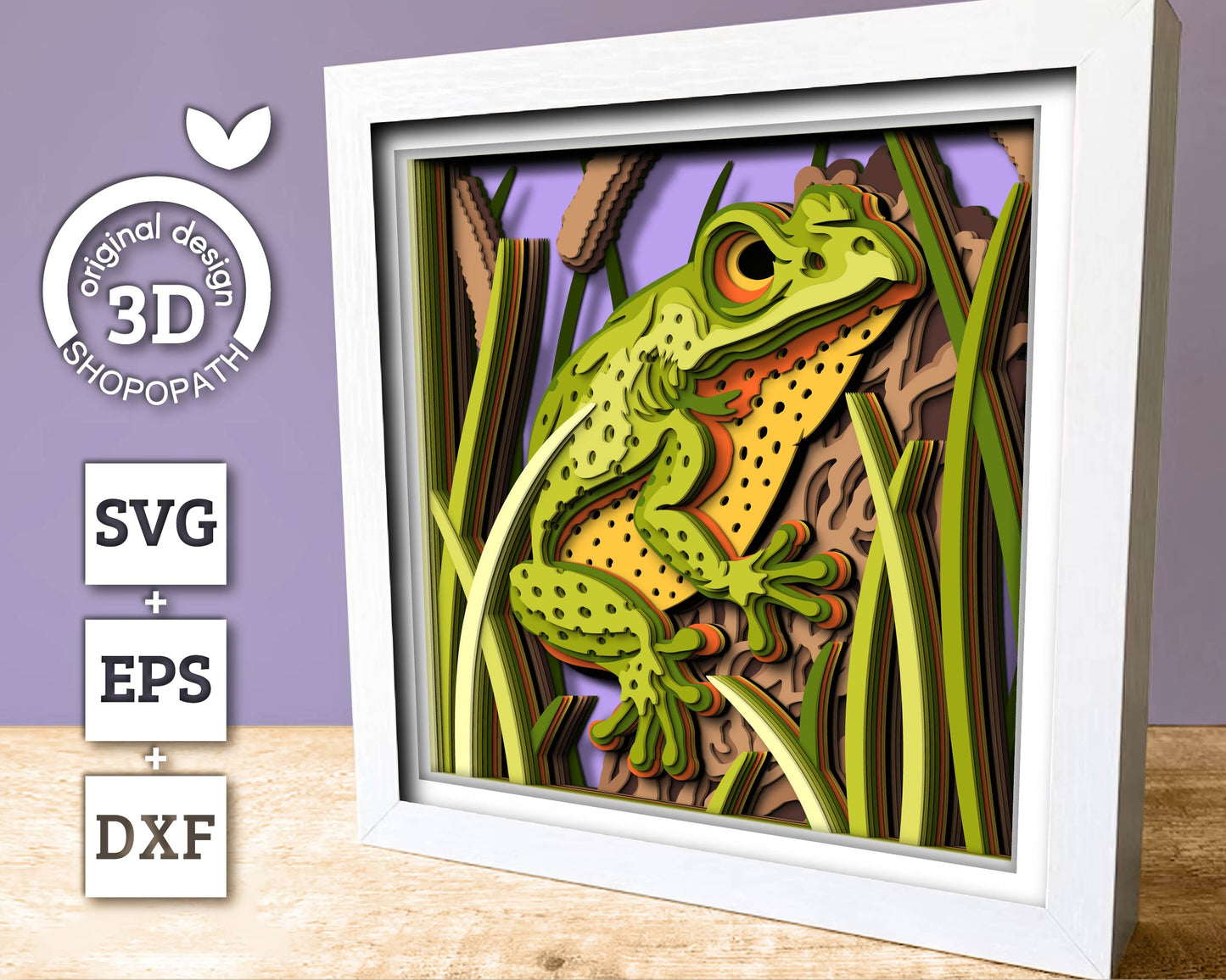 3D Frog On Tree Log Shadow Box SVG, 3D Summer SVG, 3D Frog svg, 3D Cattail Plant Svg, 3D Layered Frog Svg, 3D Pond SVG, Cricut Silhouette