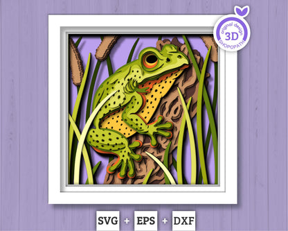 3D Frog On Tree Log Shadow Box SVG, 3D Summer SVG, 3D Frog svg, 3D Cattail Plant Svg, 3D Layered Frog Svg, 3D Pond SVG, Cricut Silhouette