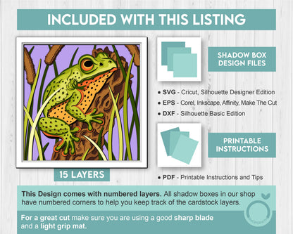 3D Frog On Tree Log Shadow Box SVG, 3D Summer SVG, 3D Frog svg, 3D Cattail Plant Svg, 3D Layered Frog Svg, 3D Pond SVG, Cricut Silhouette