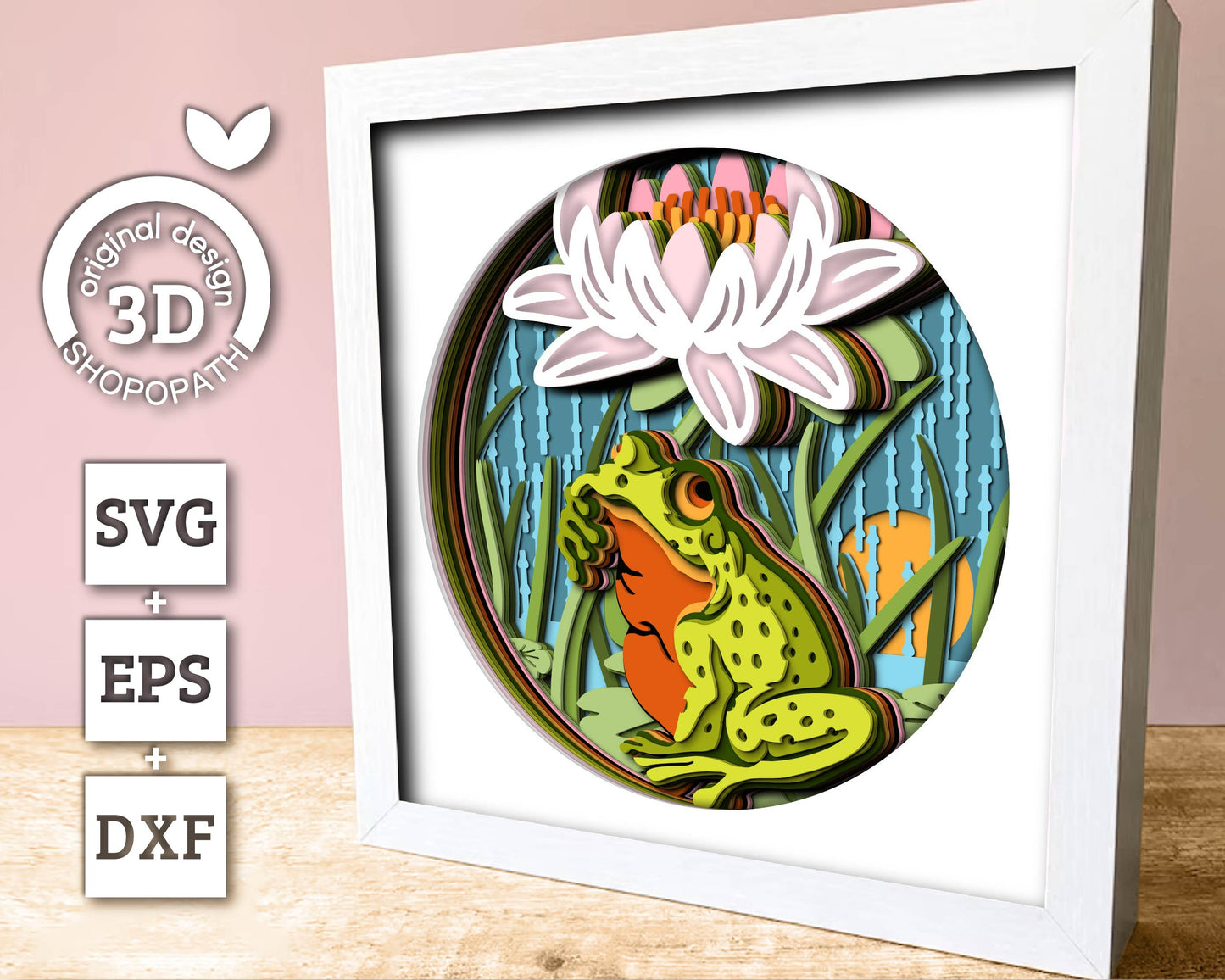 3D Frog Under Water Lily Flower In The Rain Shadow Box SVG, 3D Summer SVG, 3D Frog Svg, 3d Rain SVG, 3d Lotus Flower svg Cricut Silhouette